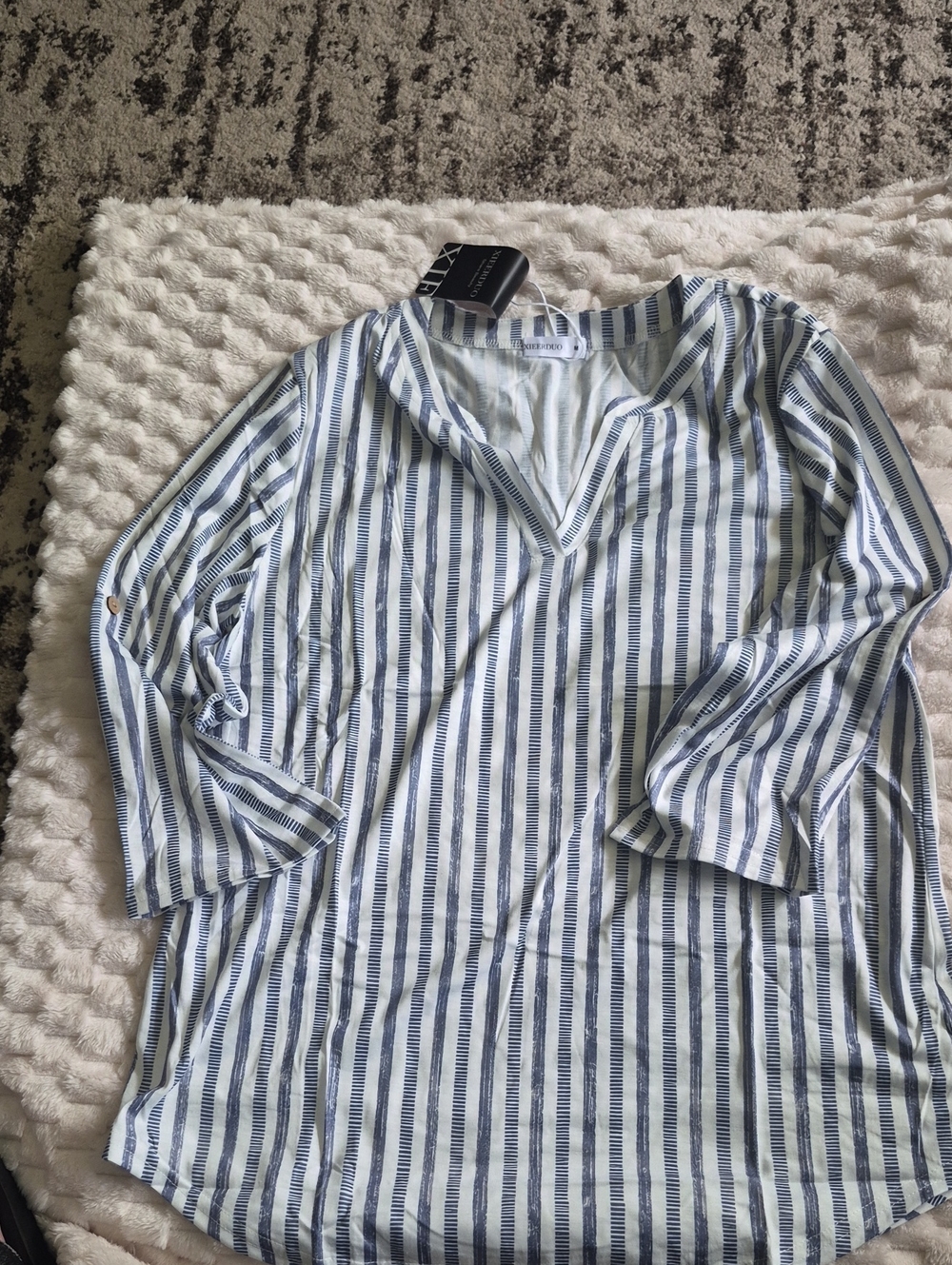Striped Navy and White V-Neck Tunic Blouse by White House Black Market